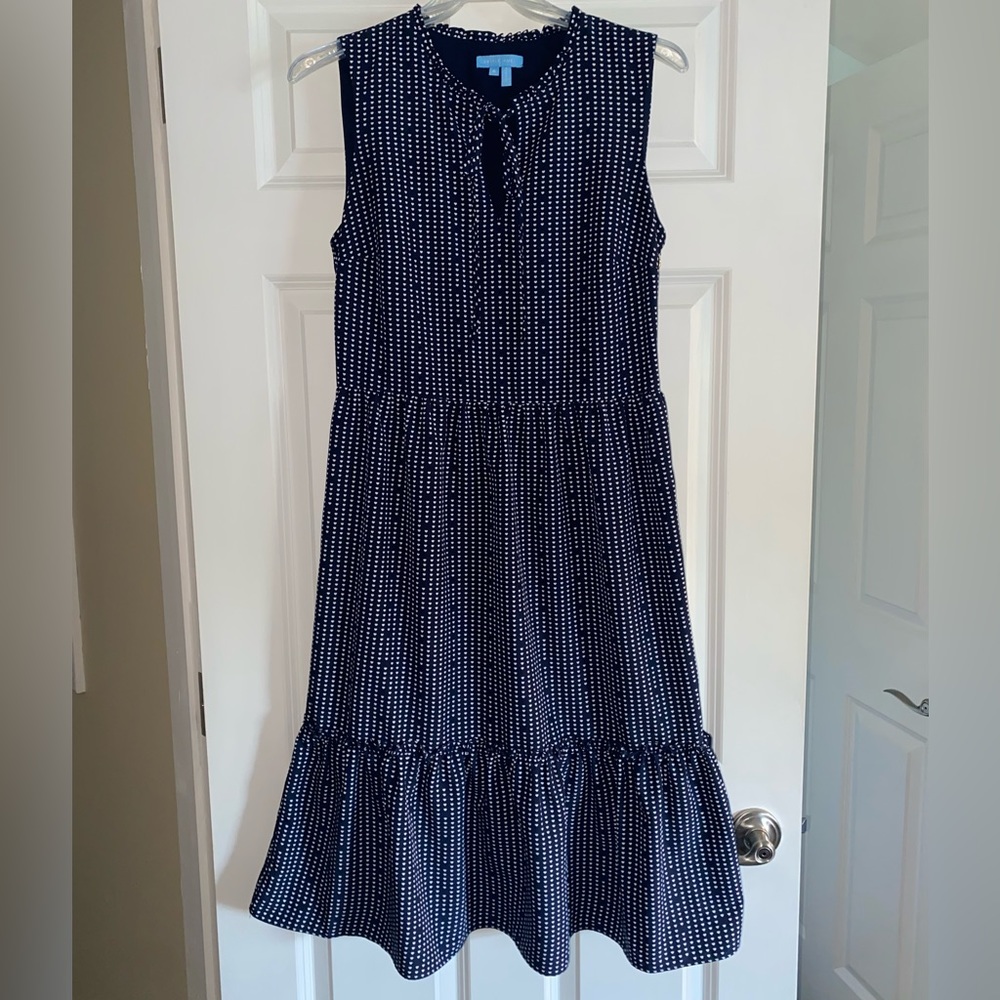 Draper James navy white multi hearts sleeveless tiered midi dress Sz 6 preppy